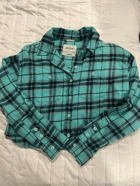 American Eagle Outfitters Teal and Black Plaid Button-Down Shirt